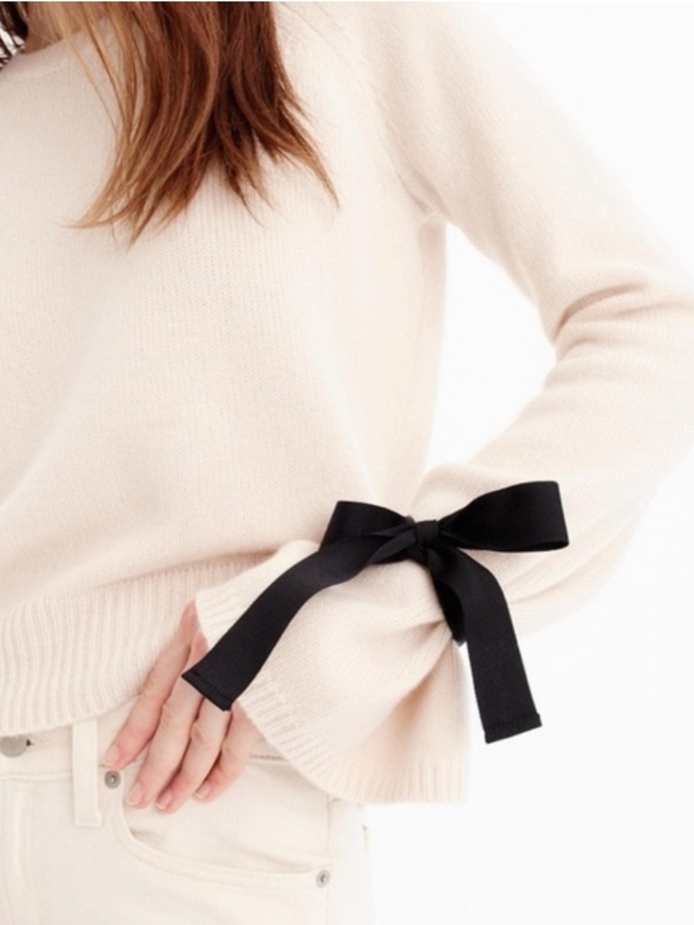 J.CREW Collection Lux Cashmere Black Bow Tie-Sleeve Elegant Cream Sweater, S